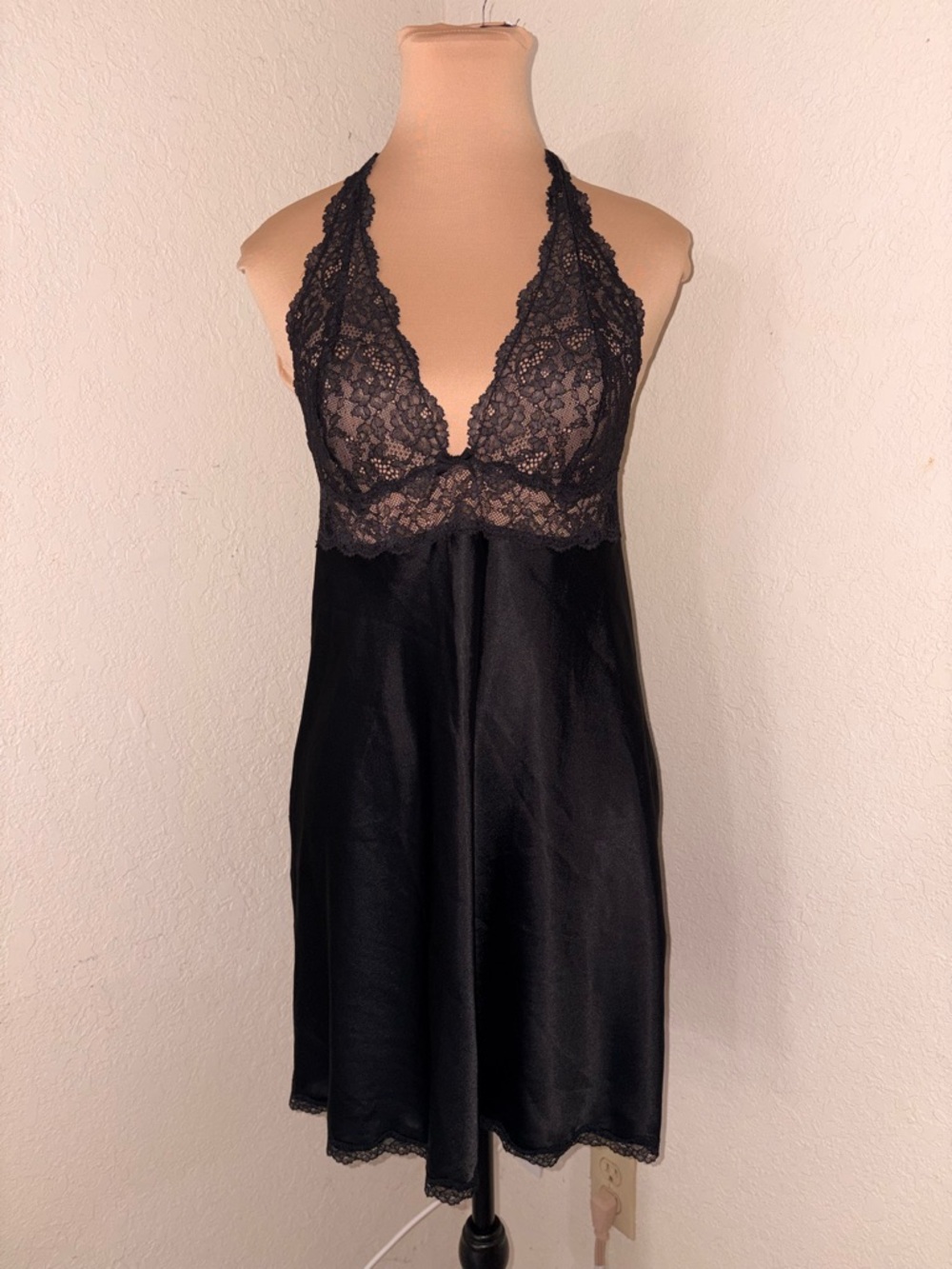 Victoria's Secret Black Lace Halter Satin Chemise